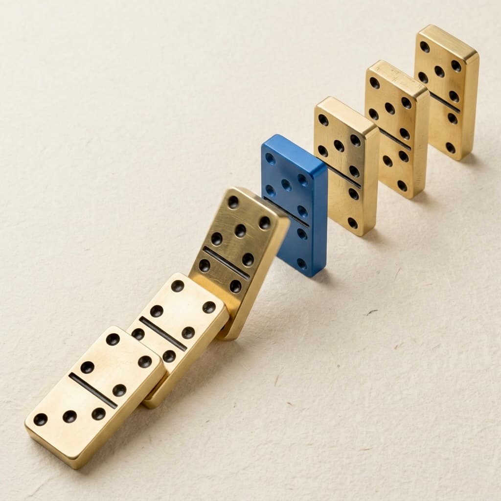 Brass dominoes mid-fall on cream paper, one in alpine blue — small triggers, controlled chains.