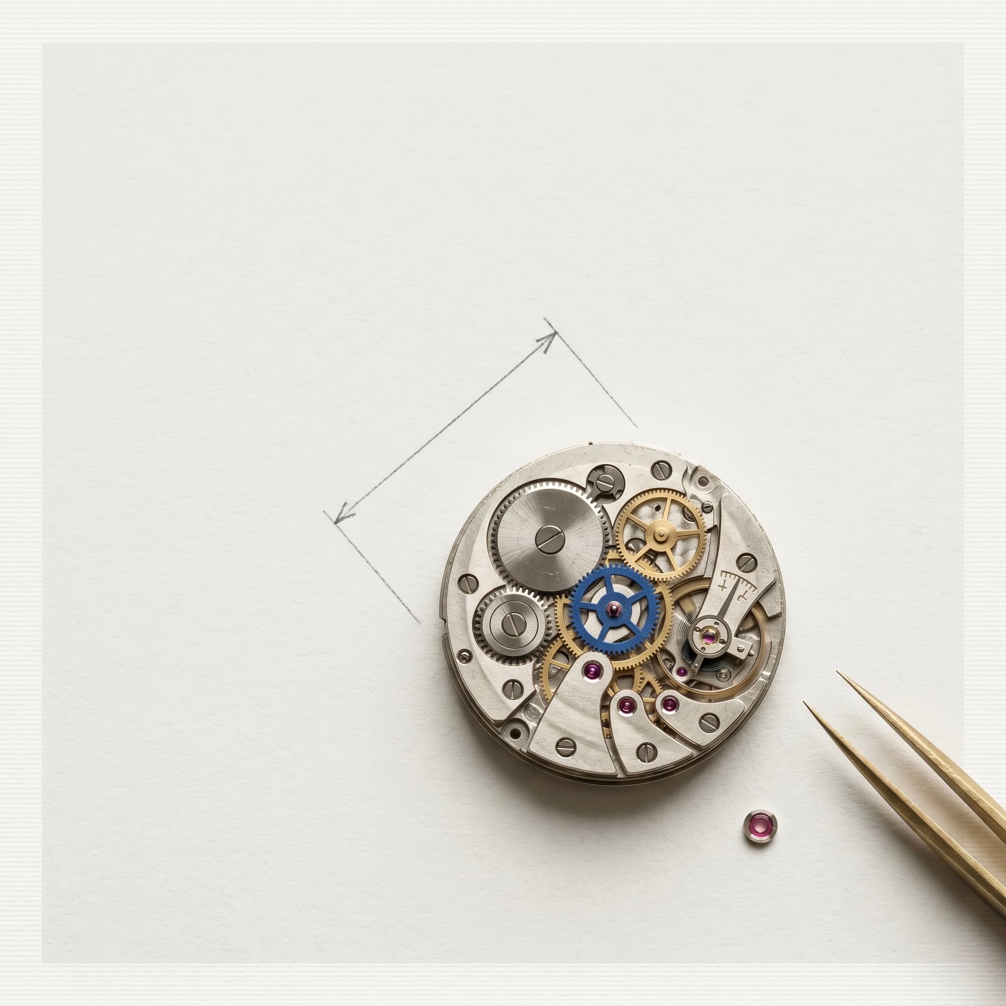 An exposed mechanical watch movement on cream paper, one gear painted alpine blue — precision learned, gear by gear.