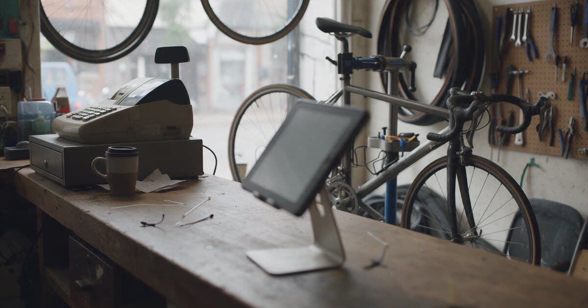 Interior of a small independent bicycle shop. A tablet on a stand sits on a worn wooden counter; a road bike is clamped in a repair stand behind it, with wheels and tools on the wall.