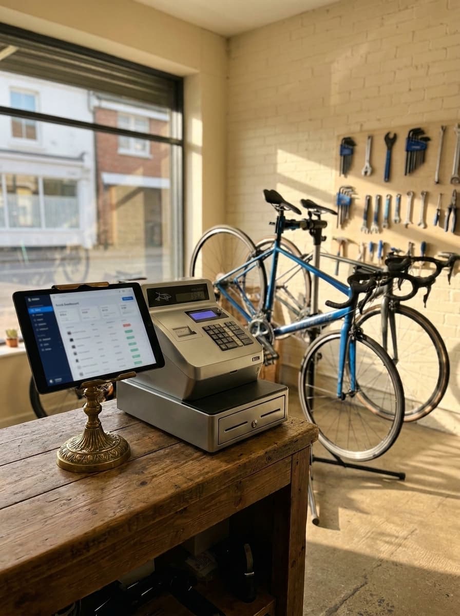 Interior of a small independent bicycle shop. A tablet POS on a brass stand sits on a wooden counter alongside the legacy cash till; an alpine-blue bicycle stands on a repair stand in the mid-ground; a wall of hex keys and spoke wrenches hangs behind.