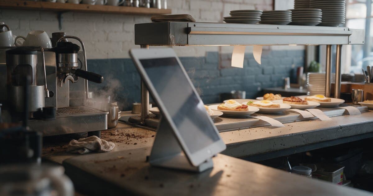 Behind a café counter: an iPad on a stand at the kitchen pass, an espresso machine letting off steam, and breakfast plates waiting under the heat lamp.