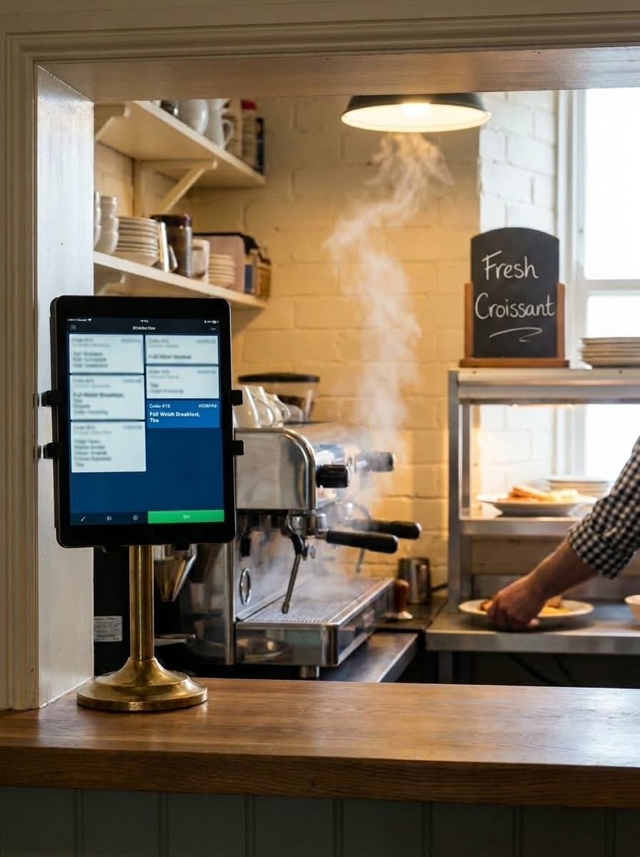 Café counter view from the customer side: an iPad on a brass stand shows a kitchen-view order queue with one ticket highlighted; a chrome espresso machine releases a curl of steam beside it; a chef's hand reaches for a finished plate at the pass behind.