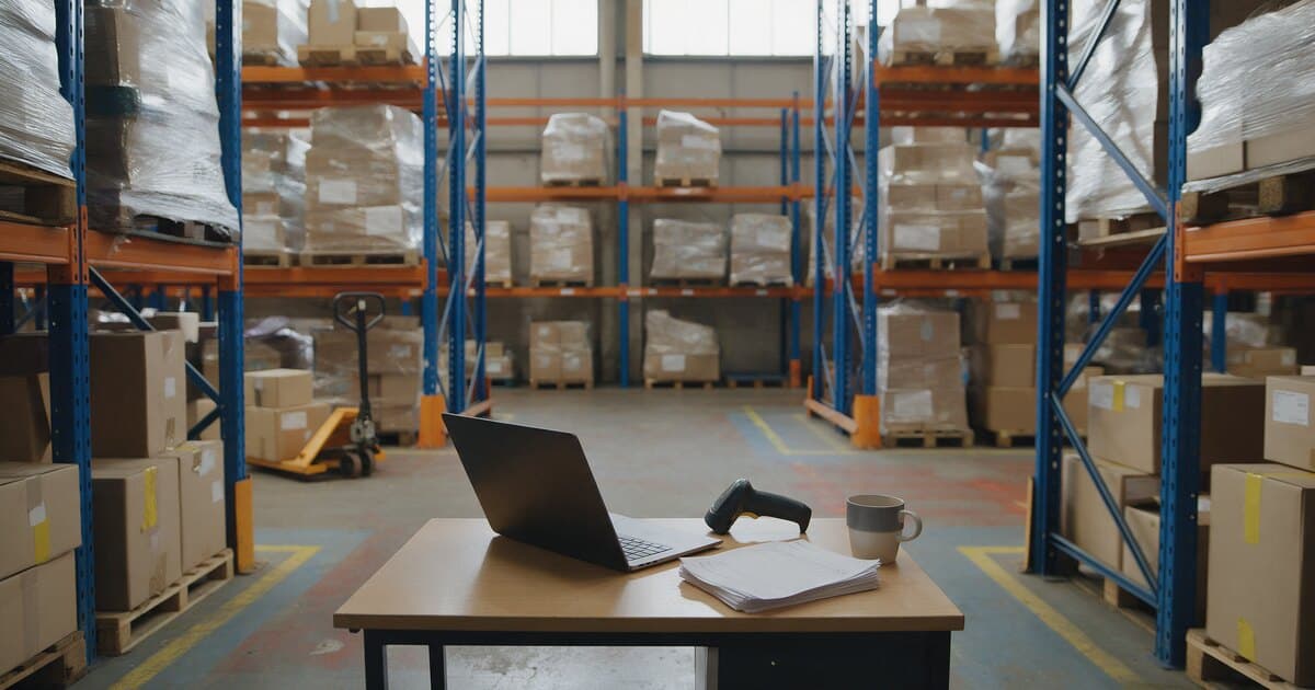 A warehouse floor between rows of blue and orange pallet racking. A small desk in the foreground holds a laptop, a handheld barcode scanner, a stack of delivery notes and a mug.