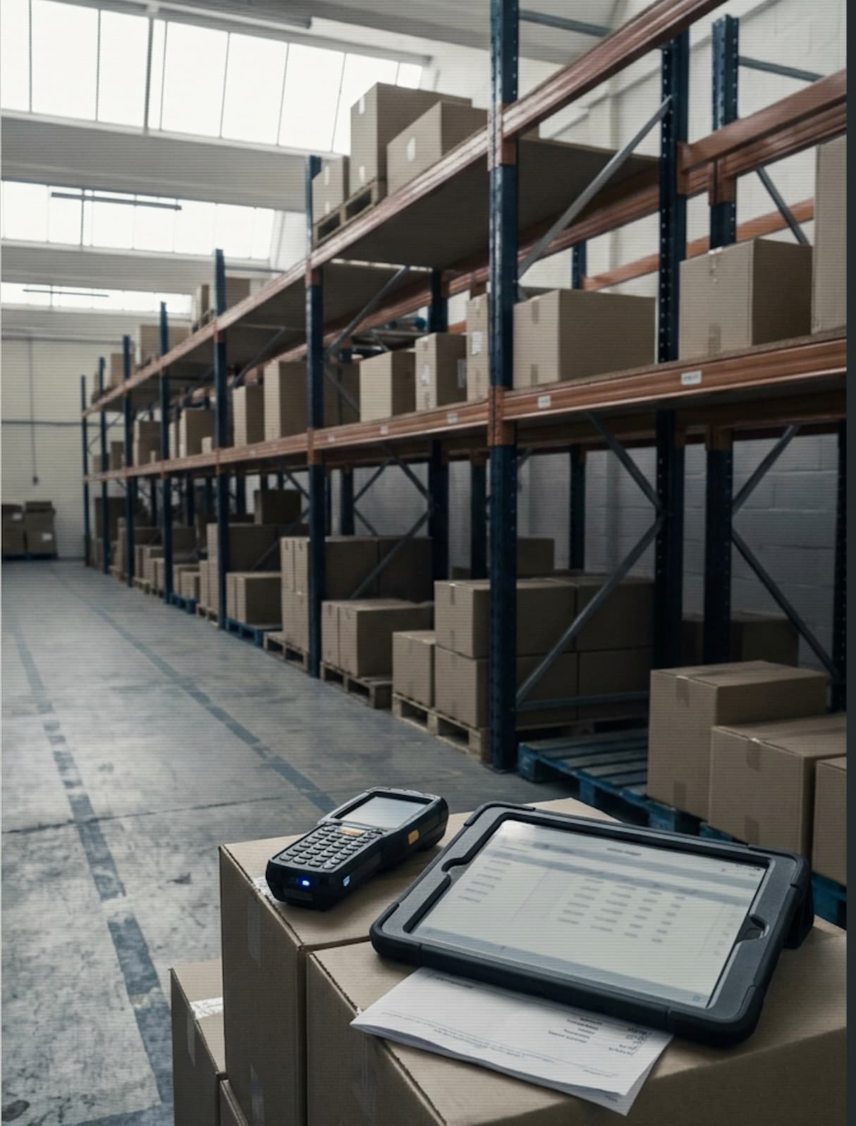 A warehouse aisle with sparsely loaded pallet racking. A handheld barcode scanner with a small blue indicator LED and a rugged-cased iPad showing a stock-ledger interface sit on a cardboard box in the foreground.