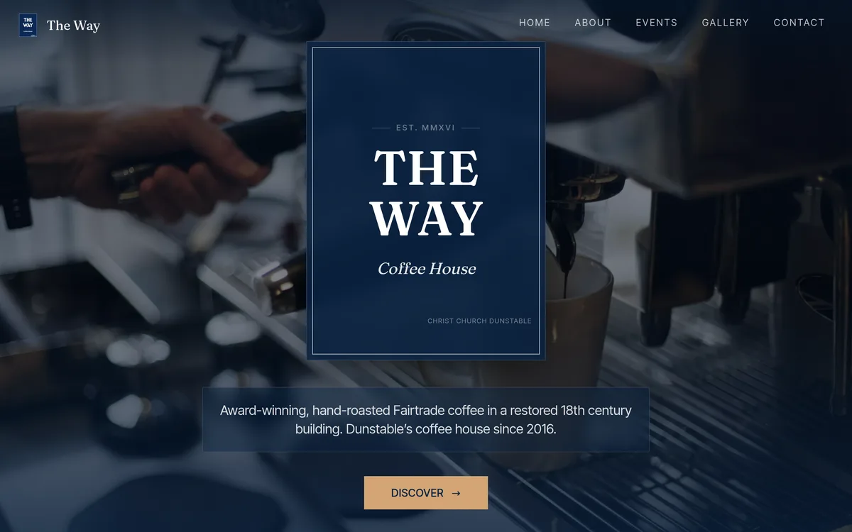 Homepage of The Way Coffee House website, built by TryfanTech