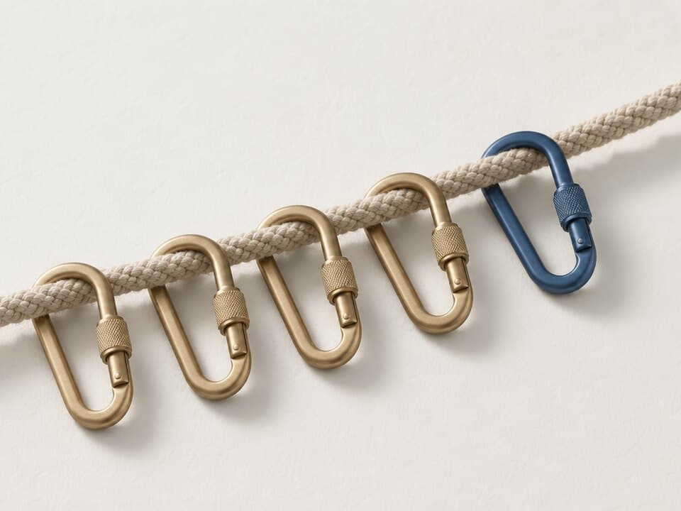 Brass climbing carabiners clipped along a rope on cream paper, the last one alpine blue.